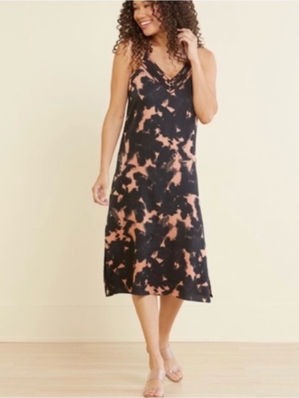 NEW Evereve Peyton Jensen Willa Shift Midi Dress Tie Dye Black Coral